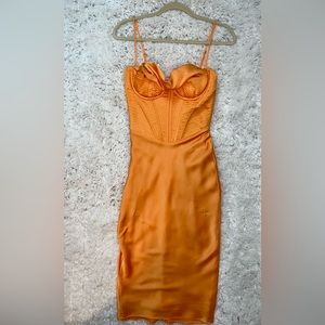 House of CB "Myrna" Tangerine Satin Corset
Midi Dress